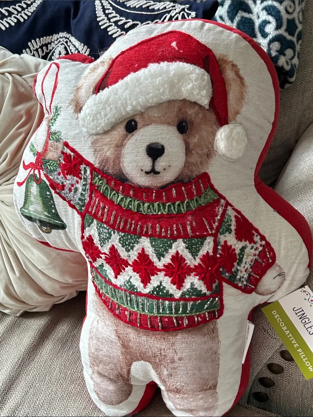 NWT! Vintage Inspired Christmas Holiday Teddy Bear Throw Pillow Beaded Sweater